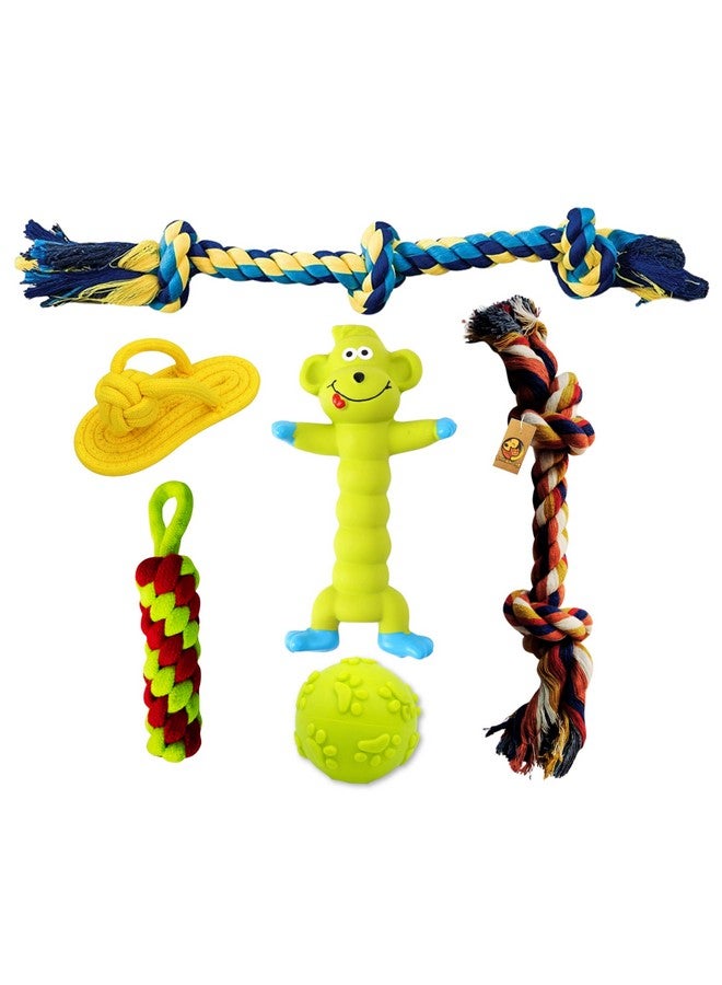 Generic 6 In 1 Squeaky And Chew Rope Dog Toy Combo - (2Knot Rope + 3Knot Rope + Slipper + Corn Stick + Claw Ball + Green Monkey) | Chewing, Playing, & Teething For Small Dogs And Puppies  - Image 1