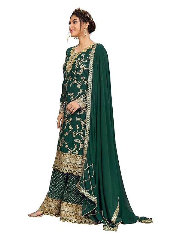 TRENDMALLS M طقم بدلة نسائية من قماش جورجيت مطرز من تريندمالز، يتكون من قميص وسروال وشال، باللون الأخضر. - Image 3