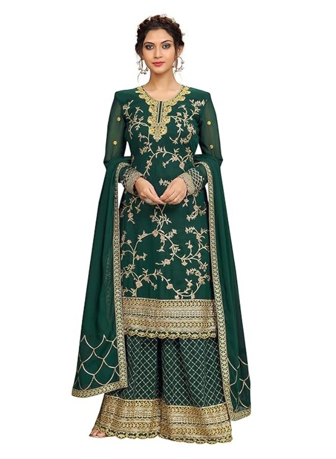 TRENDMALLS M طقم بدلة نسائية من قماش جورجيت مطرز من تريندمالز، يتكون من قميص وسروال وشال، باللون الأخضر. - Image 1