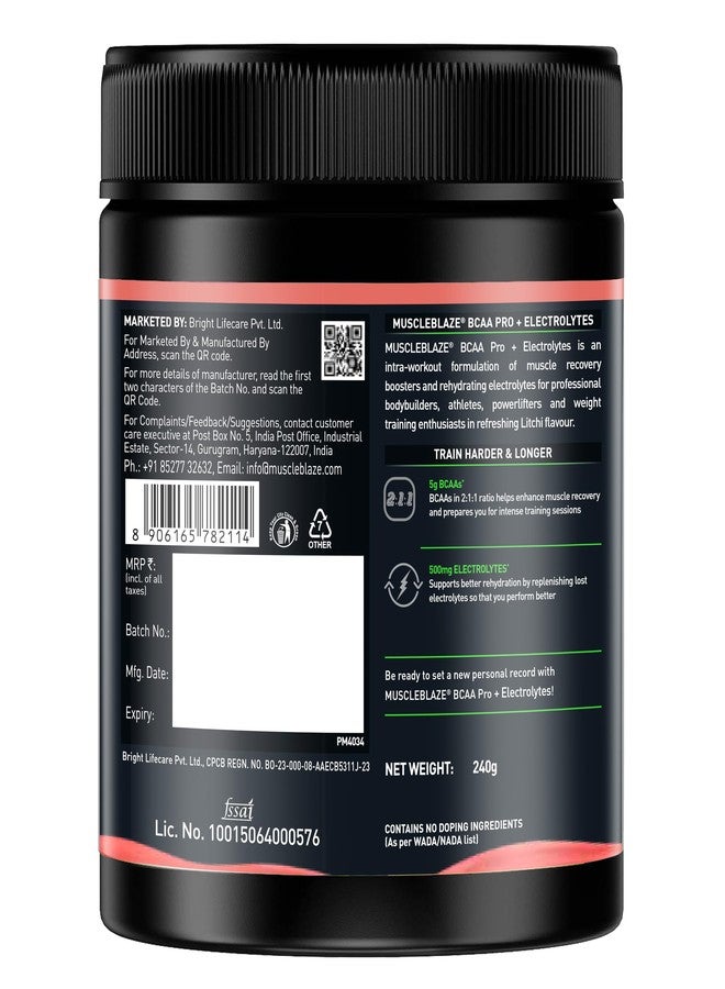 مسل بلايز مسحوق MuscleBlaze BCAA Pro، مكمل غذائي قوي أثناء التمرين (ليتشي، 240 غرام، 30 حصة) | يحتوي على 5 غرام من الأحماض الأمينية المتفرعة السلسلة (BCAAs) و500 ملغ من الإلكتروليتات - Image 2