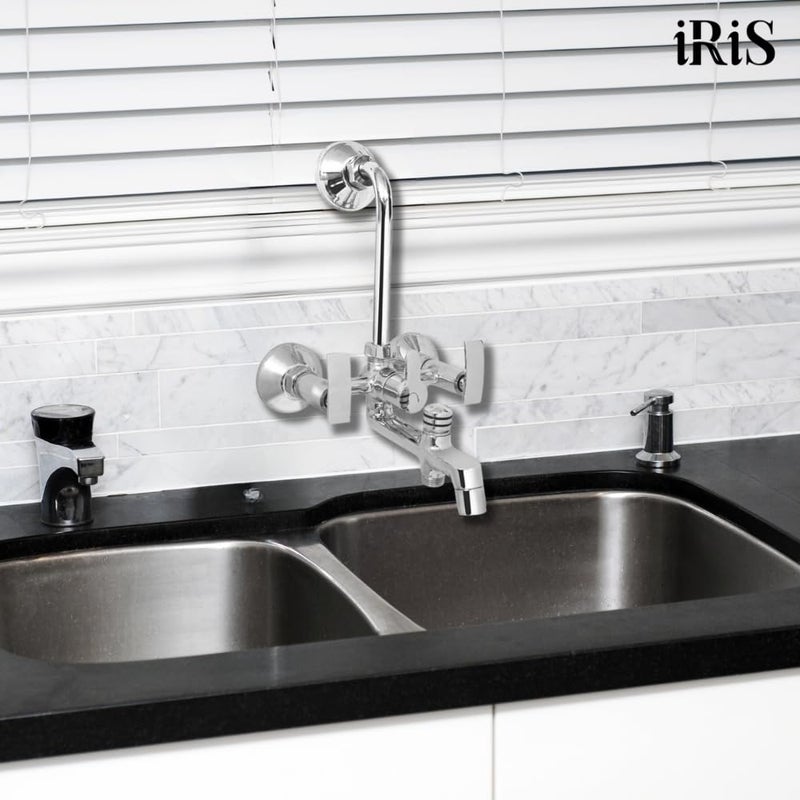 IRIS 3-in-1 Wall Mixer Tap | Brass Bathroom Faucet with Overhead Shower Provision & 125mm Long Bend Pipe | Chrome Finish Bath Fitting | Wall-Mounted Hot & Cold Water Mixer - Image 2