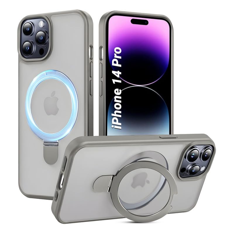 AIBEX Back Cover for Apple iPhone 14 Pro with OStand Ring Kickstand| Mag-Saf Compatible Magnetic Metal Alloy Ring| Wireless Charging |Slim Thin Scratch Resistant Armor|Shockproof Protective - Grey - Image 1