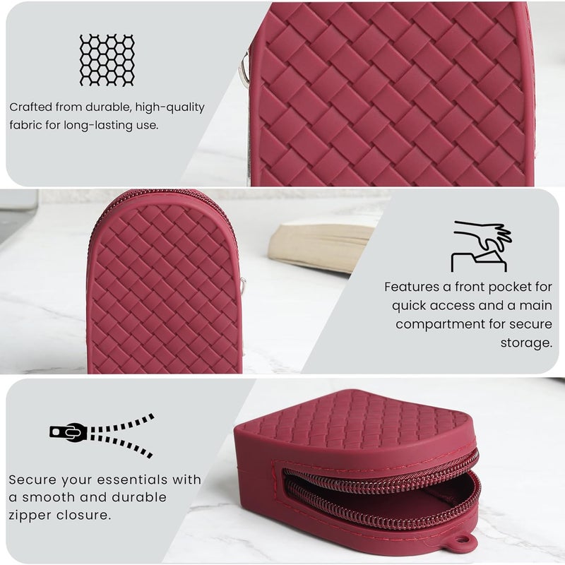 GadgetBite حقيبة عملات غادج بايت مات بسحاب | متينة | مقاومة للماء | مصممة للعملات، البطاقات، المفاتيح، سماعات الأذن، إلخ. | محمولة مع حزام للمعصم | تصميم نسج السلة باللون البني الداكن - Image 2