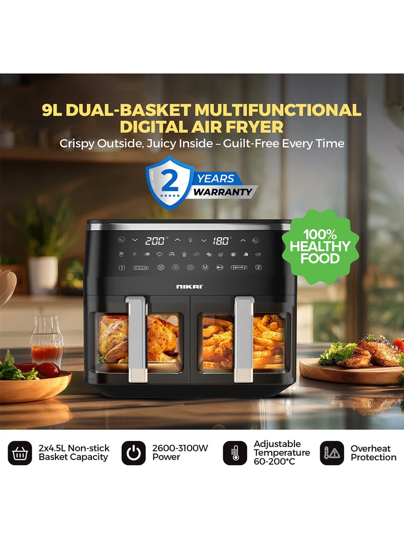 Nikai 2 in 1 Digital Air Fryer 9L Capacity, Touch Control, 12 Cook Functions,  3100W, Frying, Grilling, Roasting, Baking, & Toasting, 9 L 3100 W NAF1099D Black - Image 2