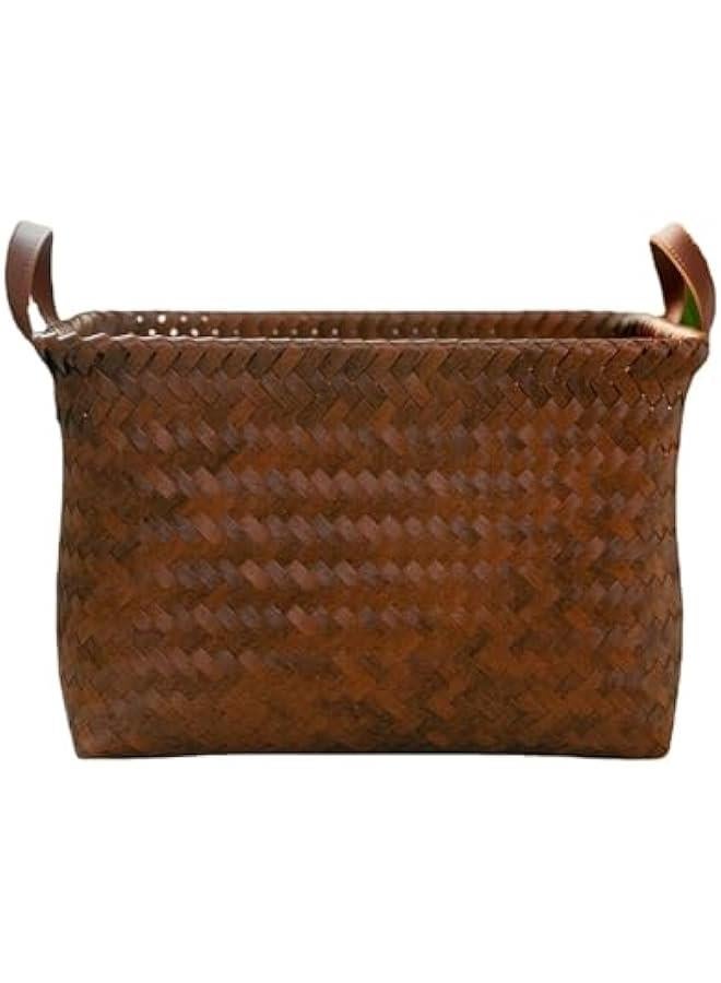 MIXDE Rectangular Rattan Storage Basket with Handle,Strong and Durable Hand-Woven Rattan Basket for Organizing,Storage and Organizer Baskets,38 28 24cm, Coffee Color - Image 1