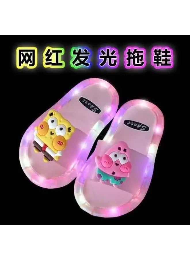 SHAKA Luminous Slippers Children Parent-child Crystal Shoes Outer Wear Flash Light Cartoon Cute Cool Spongebob Squarepants Women Hair - Image 1