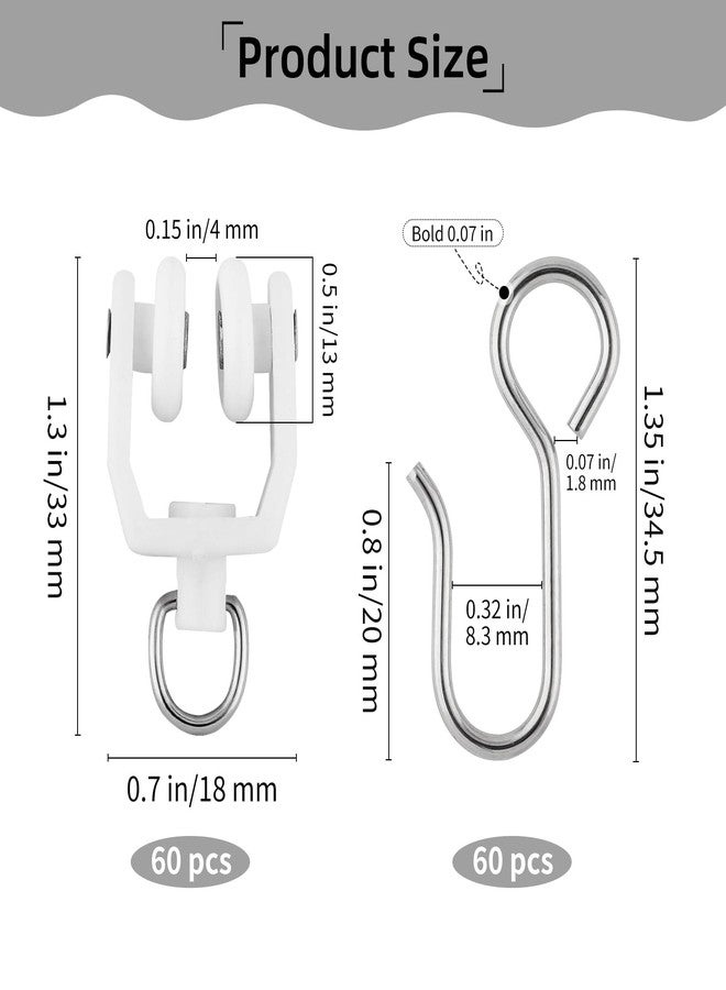 Motroce 120 Pcs Curtain Track Sets 60 Pcs Plastic Ceiling Mount Curtain Track Hooks Rollers and 60 Pcs Metal Shower S Hooks Straight Curved Rollers for Flexible Ceiling Curtain Track - Image 2