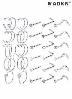 WAOKN 36 PCS Nose Rings for Women Studs Hoop 20G Piercings Jewelry Screw Stainless Steel Bone Flat Top Diamond Opal Heart High Nostril Piercing Stainless Steel Nose Rings Studs for Women Men  - Image 1