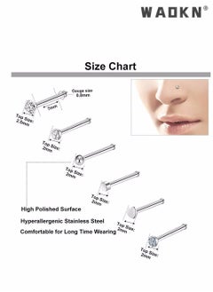 WAOKN 36 PCS Nose Rings for Women Studs Hoop 20G Piercings Jewelry Screw Stainless Steel Bone Flat Top Diamond Opal Heart High Nostril Piercing Stainless Steel Nose Rings Studs for Women Men  - Image 5