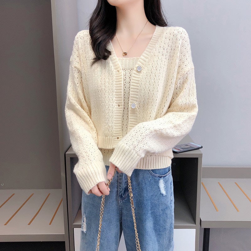 كارديجان قصير محبوك سيدة سبايس جيرل جاكيت لطيف أسلوب هونغ كونغ الرجعي سترة مجموعة من قطعتين - Image 1