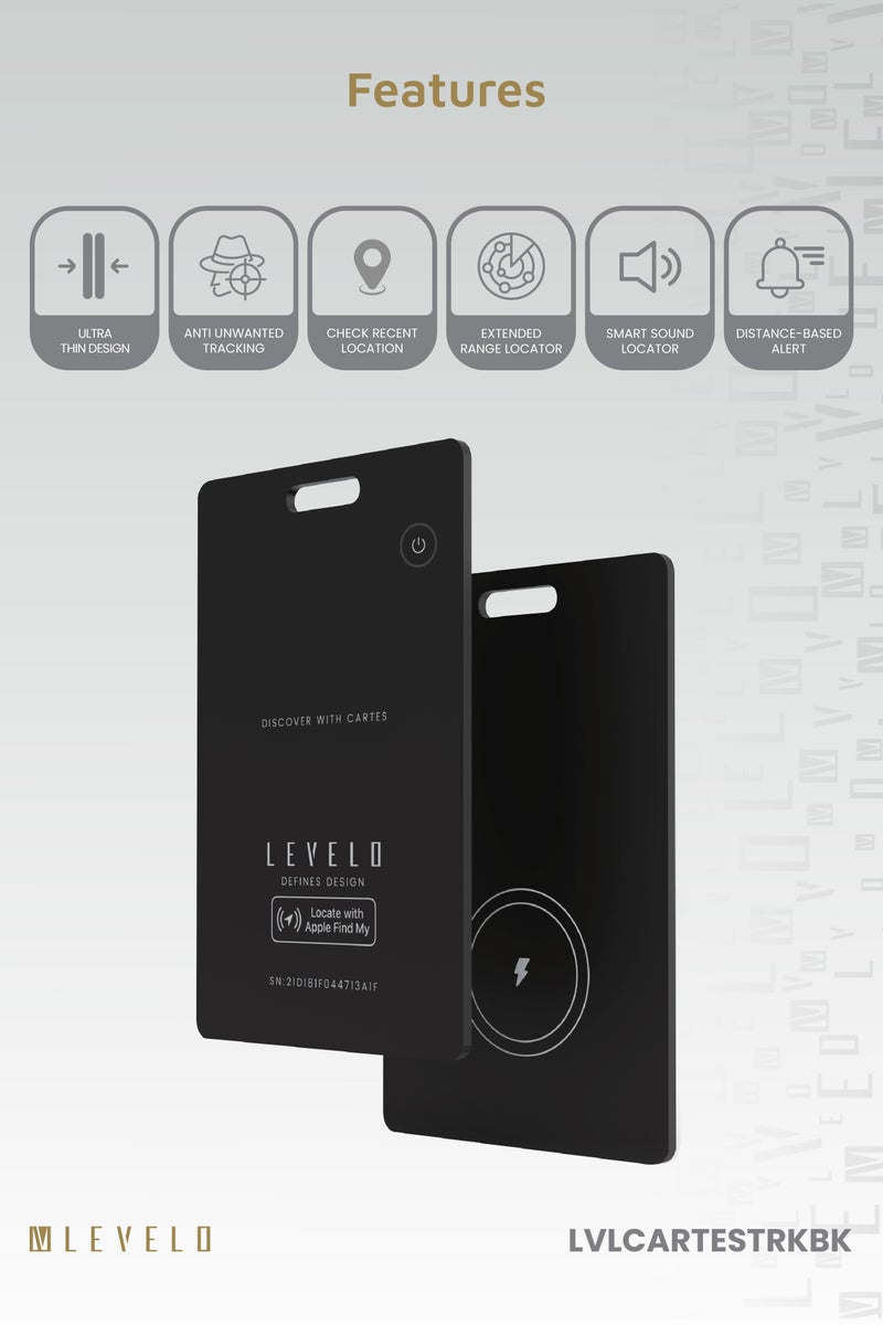 ليفيلو متتبع بطاقات كارتيس فايند ماي يعمل مع خاصية البحث عن جهاز آبل / وضع الفقدان / منع التتبع غير المرغوب فيه / محدد المدى الموسع / محدد الصوت الذكي - أسود - Image 2