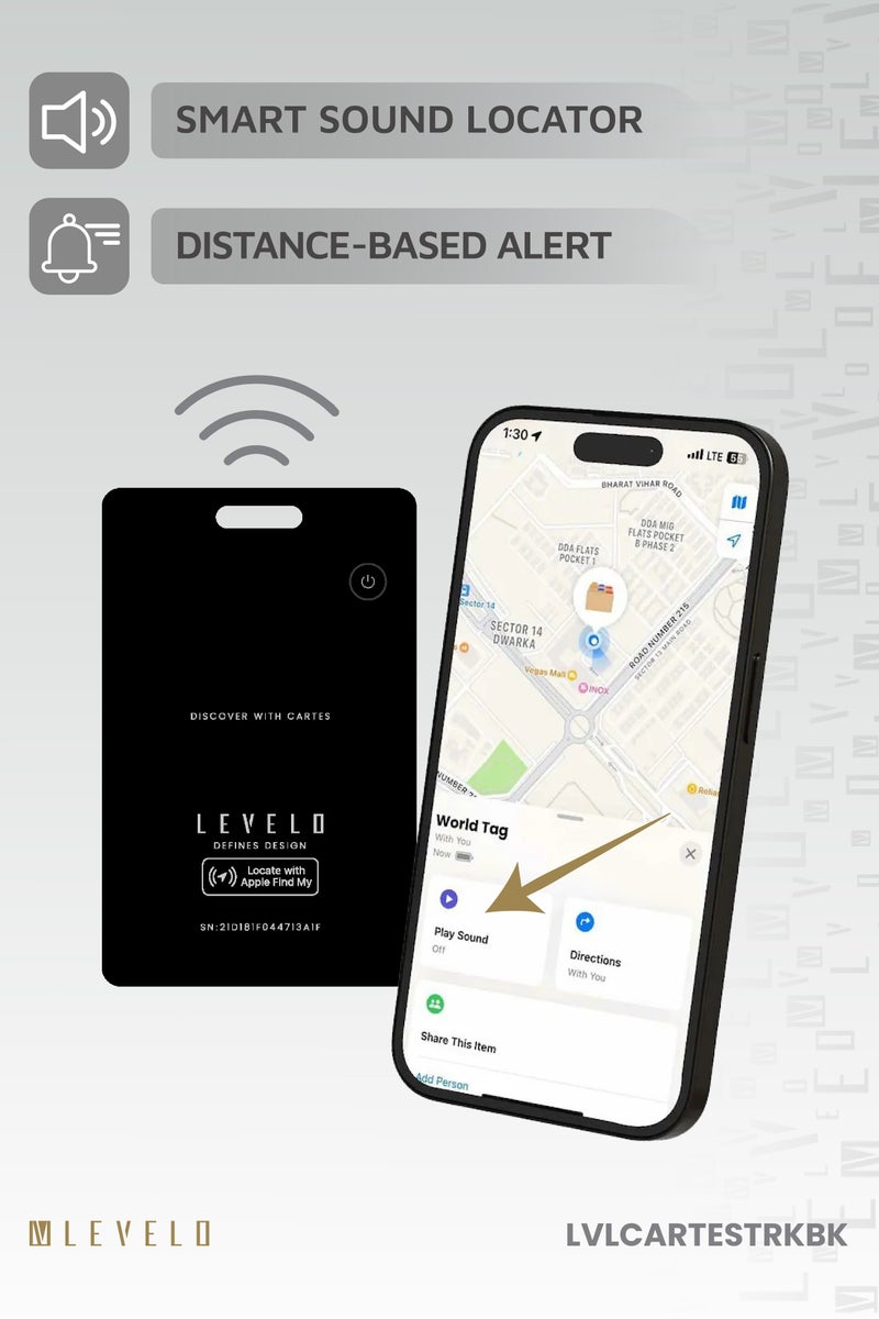 ليفيلو متتبع بطاقات كارتيس فايند ماي يعمل مع خاصية البحث عن جهاز آبل / وضع الفقدان / منع التتبع غير المرغوب فيه / محدد المدى الموسع / محدد الصوت الذكي - أسود - Image 3