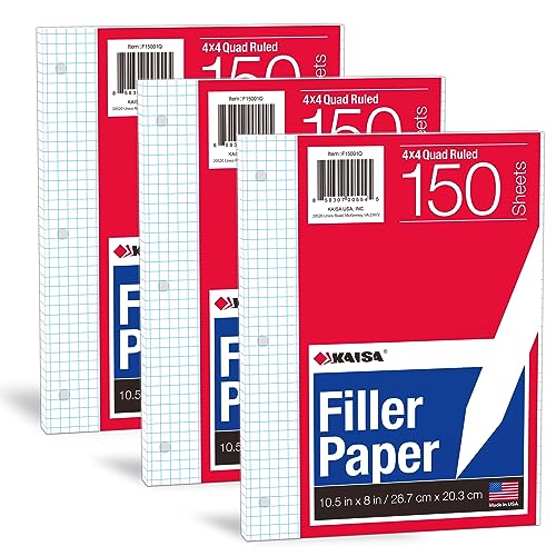 KAISA Graph Paper Filler Paper, 8"x10.5" 4x4 Graph/Quad Rule Filler Paper 3-Hole Punched 1/4inch Grid Paper Loose-Leaf Paper for 3-Ring Binders,150sheet/pack, 3pack F15001Q - Image 1