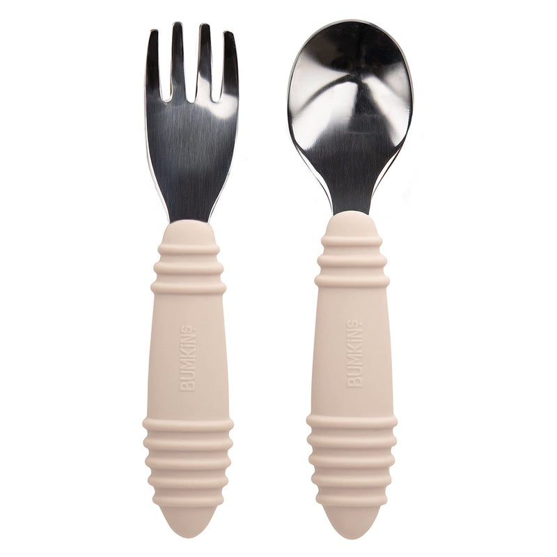 Bumkins Toddler Utensils Kids Size Fork and Spoon Set Silicone and StainlessSteel Training Silverware Angled ForksSporks for SelfFeeding Children Hold Learning to Eat 18 Mos Up Sand Beige