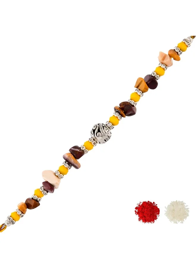 VOYLLA Yellow Beads Bohemian Motif Thread Rakhi