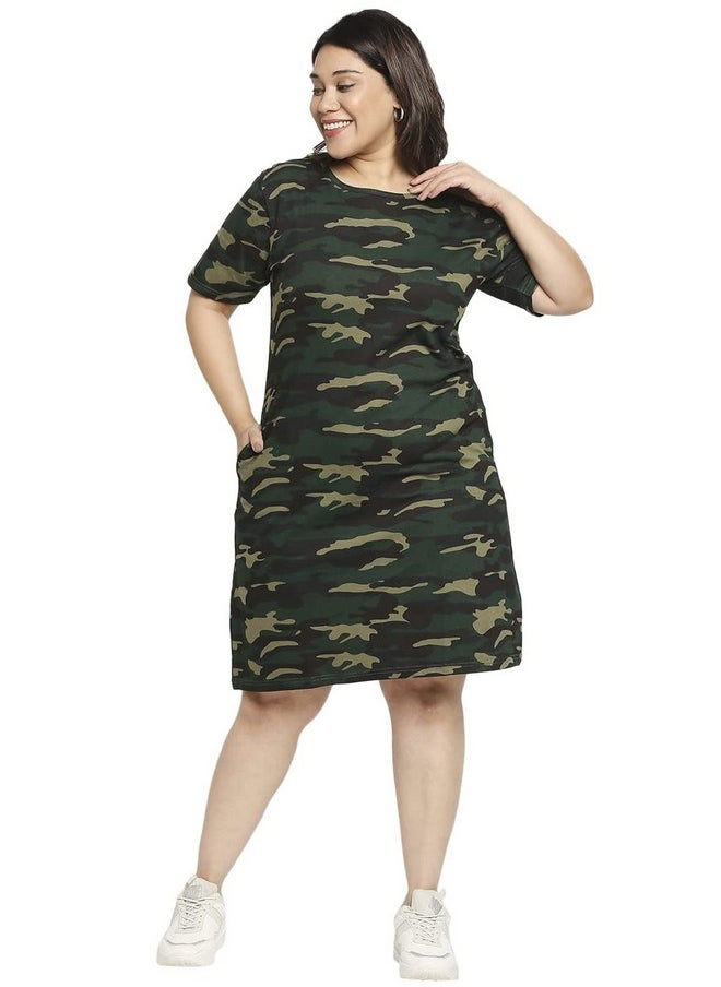 Wear Your Opinion - Wear Your Opinion Women's Camouflage Army Printed Midi Style Casual Tshirt Dress(L,GreenCamo) - Image 1