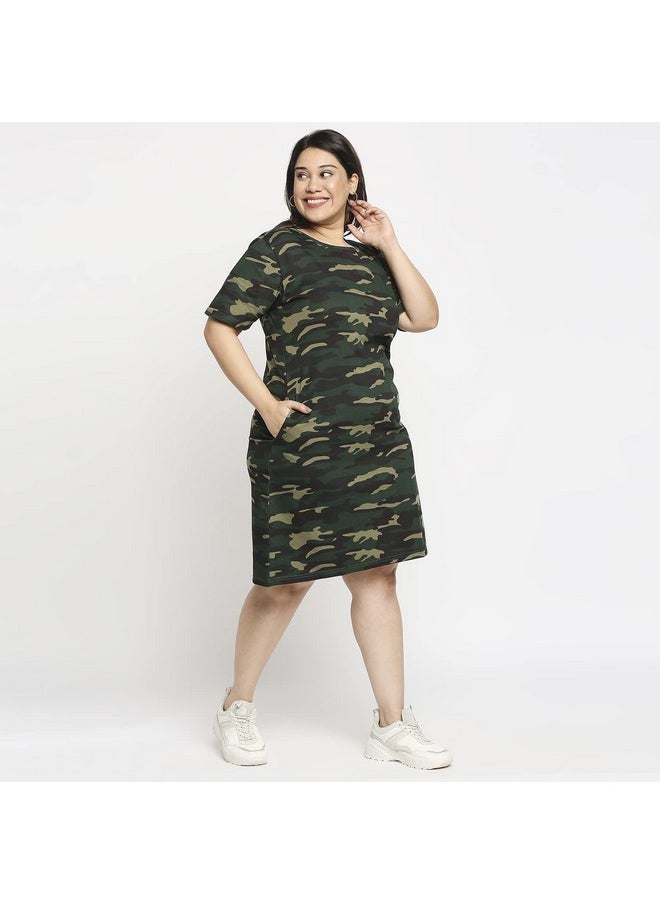 Wear Your Opinion - Wear Your Opinion Women's Camouflage Army Printed Midi Style Casual Tshirt Dress(L,GreenCamo) - Image 1
