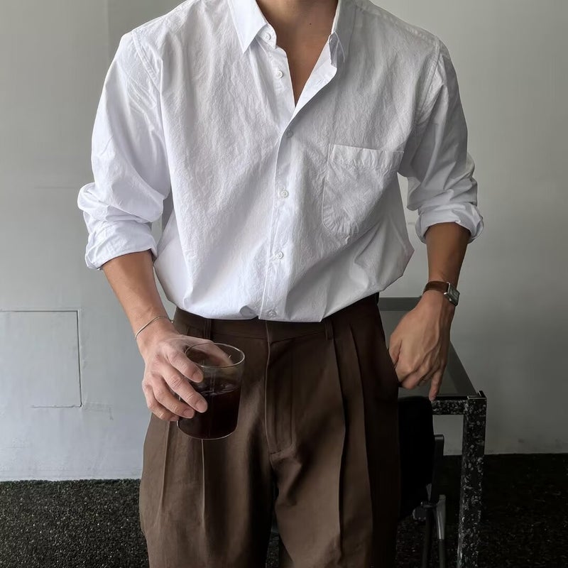 American-style vintage Cotton Linen Shirt Mens European-style Loose Sunscreen Long-sleeved Pleated Texture Linen Tooling Shirt White - Image 1