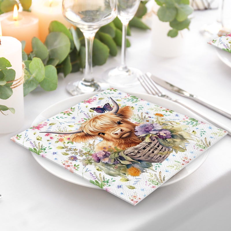 Whaline 80Pcs Spring Highland Cow Paper Napkin Watercolor Cute Cow Flower Disposable Napkins Farmhouse Luncheon Dinner Napkin for Spring Summer Party Supplies - Image 5