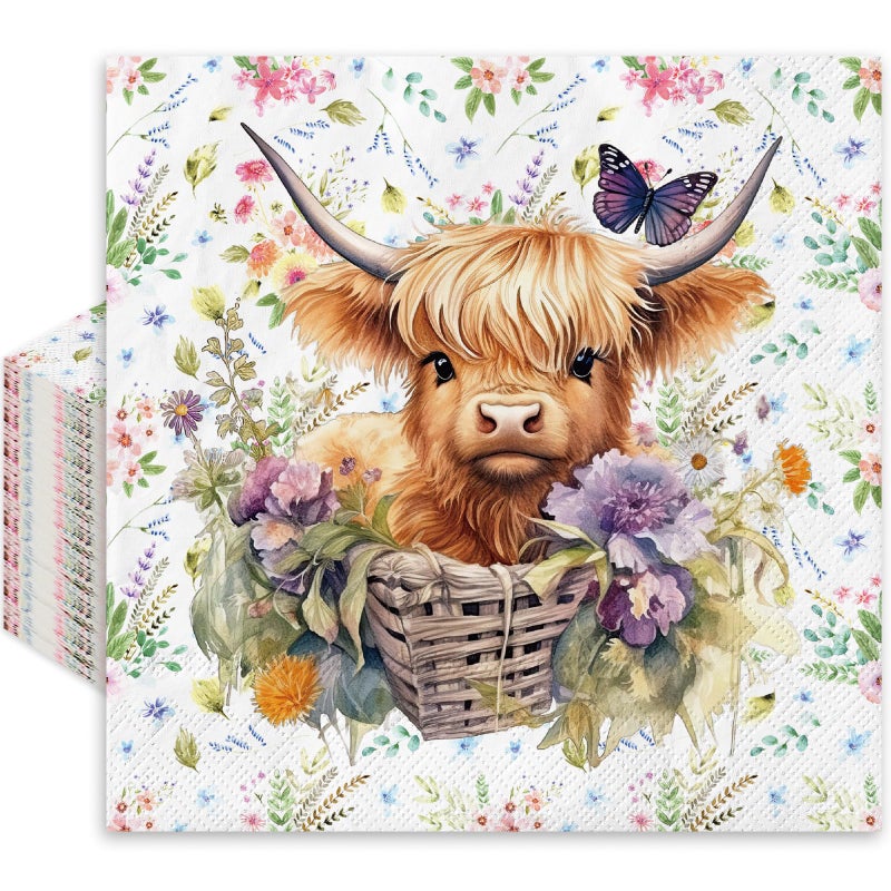 Whaline 80Pcs Spring Highland Cow Paper Napkin Watercolor Cute Cow Flower Disposable Napkins Farmhouse Luncheon Dinner Napkin for Spring Summer Party Supplies - Image 1