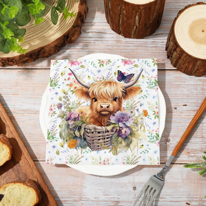 Whaline 80Pcs Spring Highland Cow Paper Napkin Watercolor Cute Cow Flower Disposable Napkins Farmhouse Luncheon Dinner Napkin for Spring Summer Party Supplies - Image 3