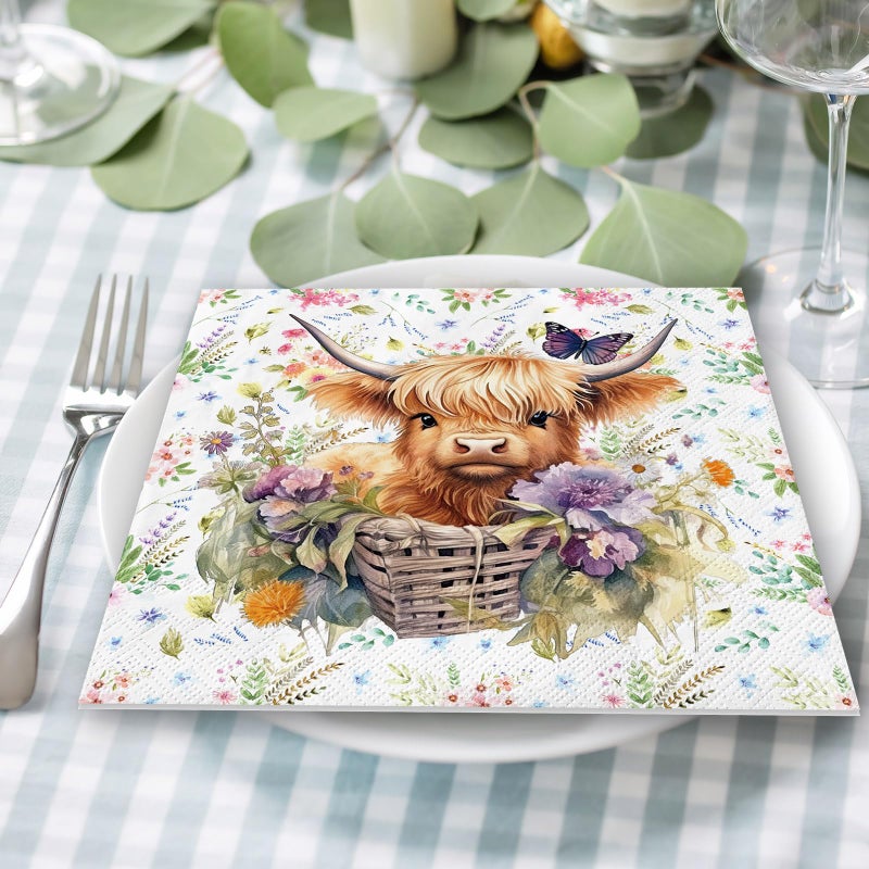 Whaline 80Pcs Spring Highland Cow Paper Napkin Watercolor Cute Cow Flower Disposable Napkins Farmhouse Luncheon Dinner Napkin for Spring Summer Party Supplies - Image 4