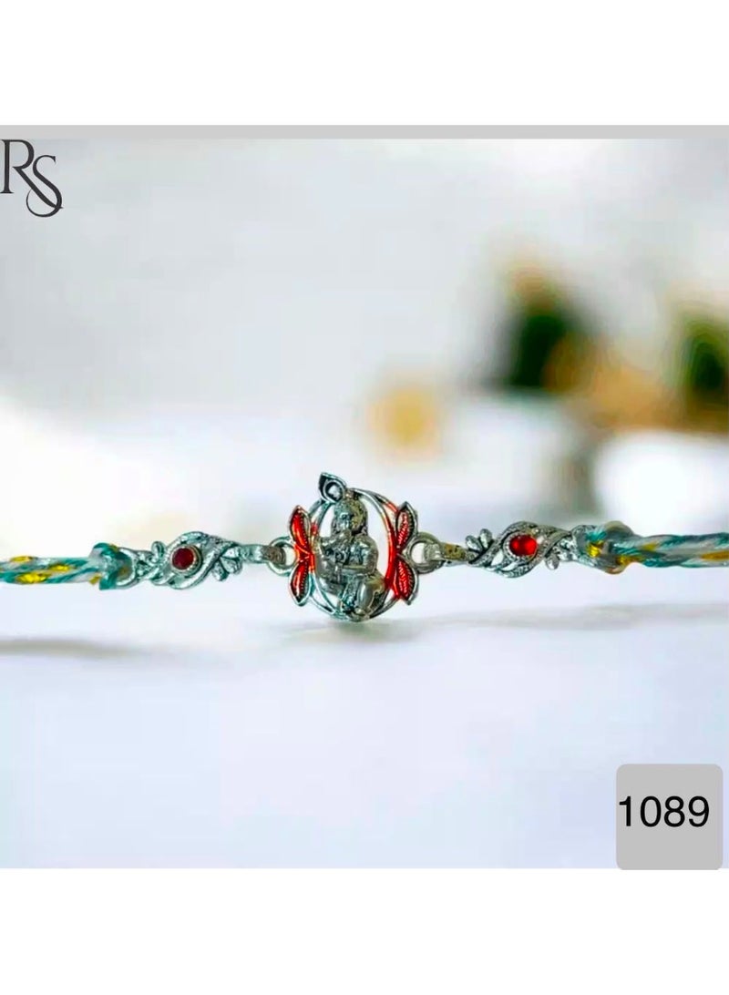 Rajshi Rakshabandhan / Designer Silver-Plated Bal Gopal Rakhi for Brother with Red Stone & Multicolor Thread | Traditional Raksha Bandhan Rakhi | Premium Sacred Rakhi Gift -Size 41 - Image 1