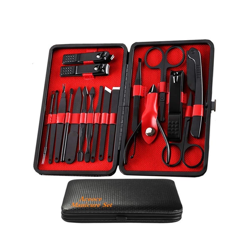 Aceoce Manicure Set Men Manicure Set Professional 18 Pcs Mens Grooming Kits Aceoce Stainless Steel Nail Care Tools with Luxurious Travel Case Pedicure Kit Gifts 