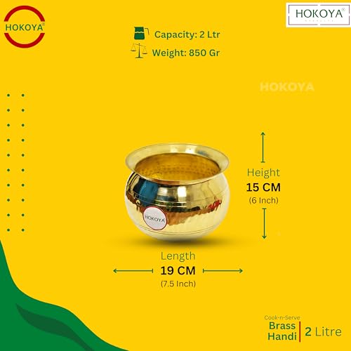 HOKOYA Small Brass Handi for Cooking (2 Litre Water Capacity) | Mirror Finish Bowl | Light Weight Brass Cookware | Utensils for Kitchen Cooking Pot | Indian Kitchenware | Gift for Home Chefs - Image 3