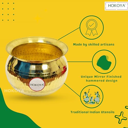 HOKOYA Small Brass Handi for Cooking (2 Litre Water Capacity) | Mirror Finish Bowl | Light Weight Brass Cookware | Utensils for Kitchen Cooking Pot | Indian Kitchenware | Gift for Home Chefs - Image 5