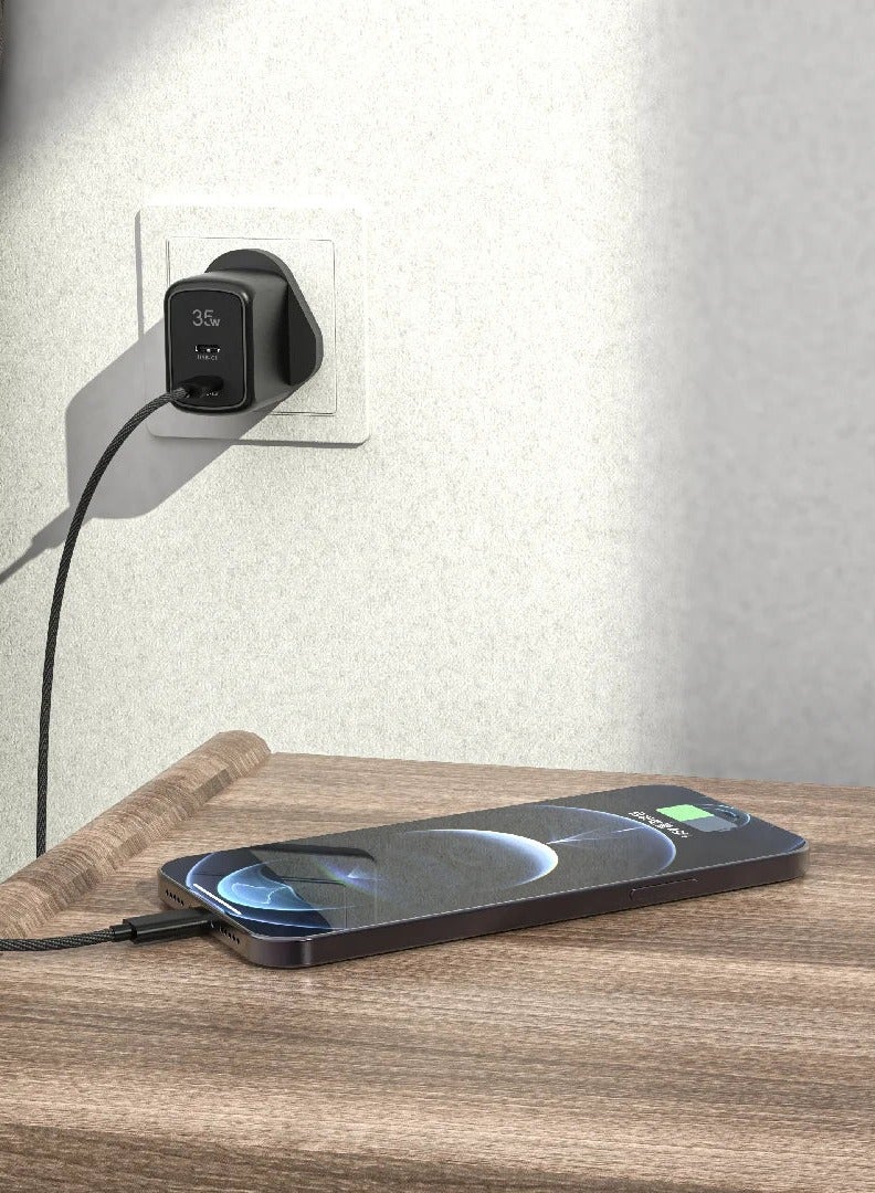 باوا شاحن سفر ستاوت جان بمنفذ PD واحد 35 وات-C إلى Lightning / حماية من الحرائق / حماية من درجات الحرارة المنخفضة / حماية من ماس كهربائي / حماية من التفريغ / حماية من زيادة التيار / تصميم فريد / شحن سريع - أسود - Image 3