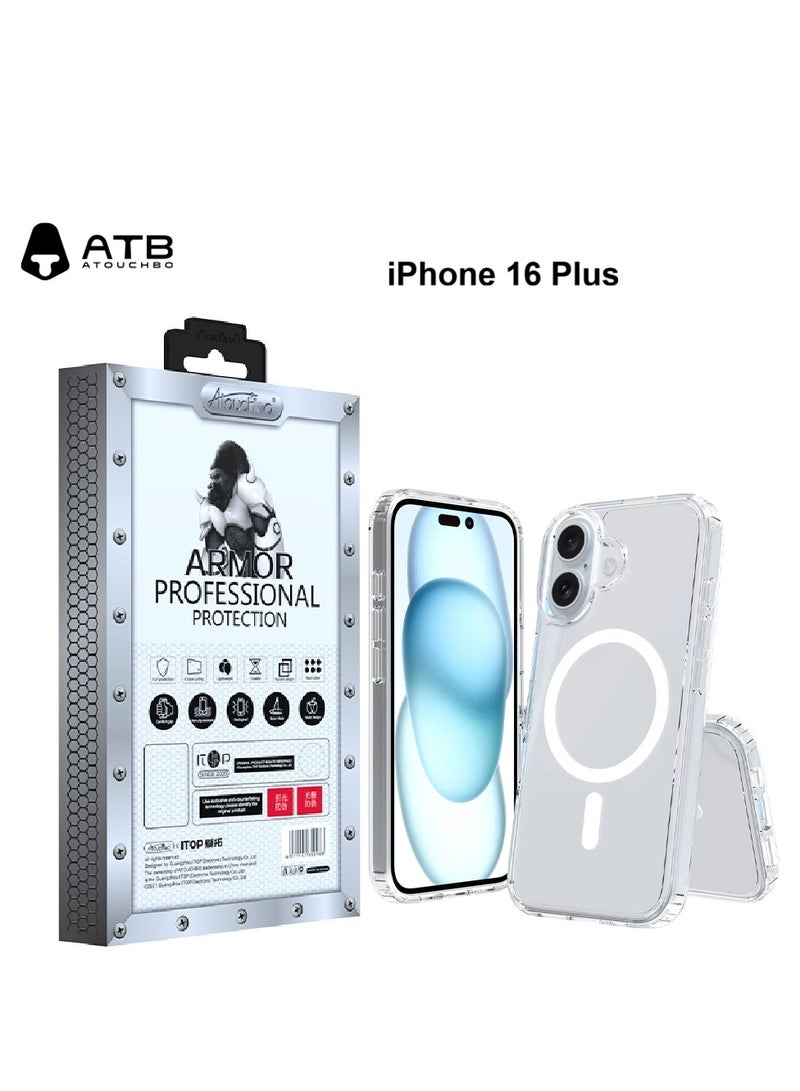 Atouchbo iPhone 16 plus Clear shockproof case with built-in magnetic ring for car mounts and magnetic holders Elegant lightweight cover with anti-yellowing protection. A premium clear phone case made of soft TPU and hard PC for strong protection against drops, bumps, and scratches. Comes with a magnetic ring holder, allowing perfect compatibility with magnetic car mounts and stands. Anti-yellowing coating keeps the case crystal clear for a long time. - Image 1