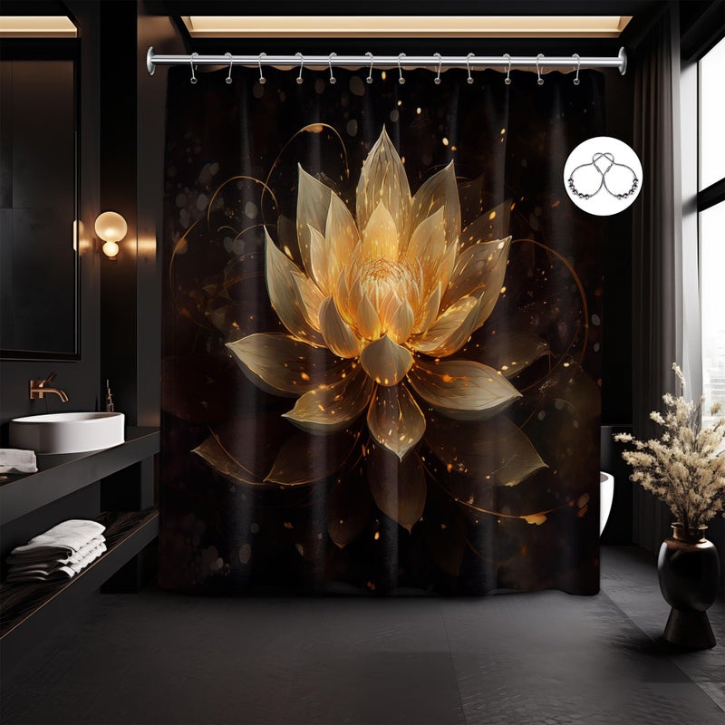 QGHOT QGHOT Lotus Shower Curtain  Black and Gold Flower Shower Curtains for Bathroom Decor Spa Zen Spiritual Golden Floral Bath Curtain Set  Waterproof Fabric  70"" W x 78"" L  - Image 1