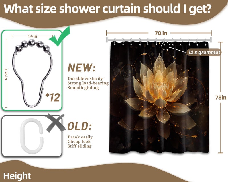 QGHOT QGHOT Lotus Shower Curtain  Black and Gold Flower Shower Curtains for Bathroom Decor Spa Zen Spiritual Golden Floral Bath Curtain Set  Waterproof Fabric  70"" W x 78"" L  - Image 4