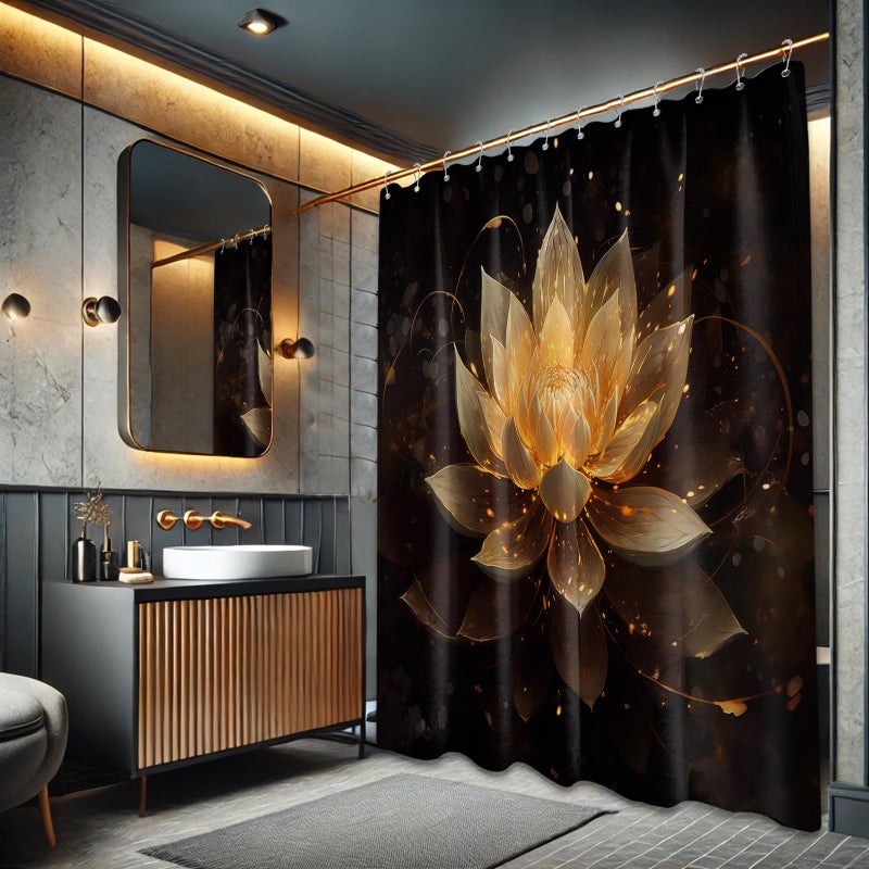 QGHOT QGHOT Lotus Shower Curtain  Black and Gold Flower Shower Curtains for Bathroom Decor Spa Zen Spiritual Golden Floral Bath Curtain Set  Waterproof Fabric  70"" W x 78"" L  - Image 3