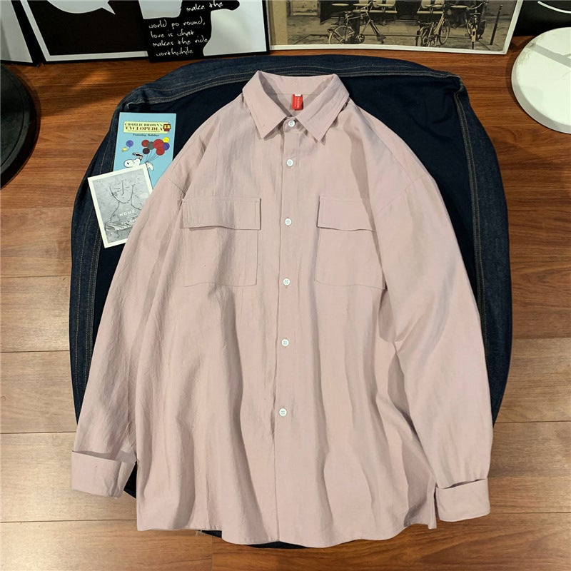 Spring Hong Kong Style Solid Color Pocket Long-sleeved Shirt Men's Trendy Brand Workwear Casual All-match Lapel Shirt for Men and Women Couple - Image 1