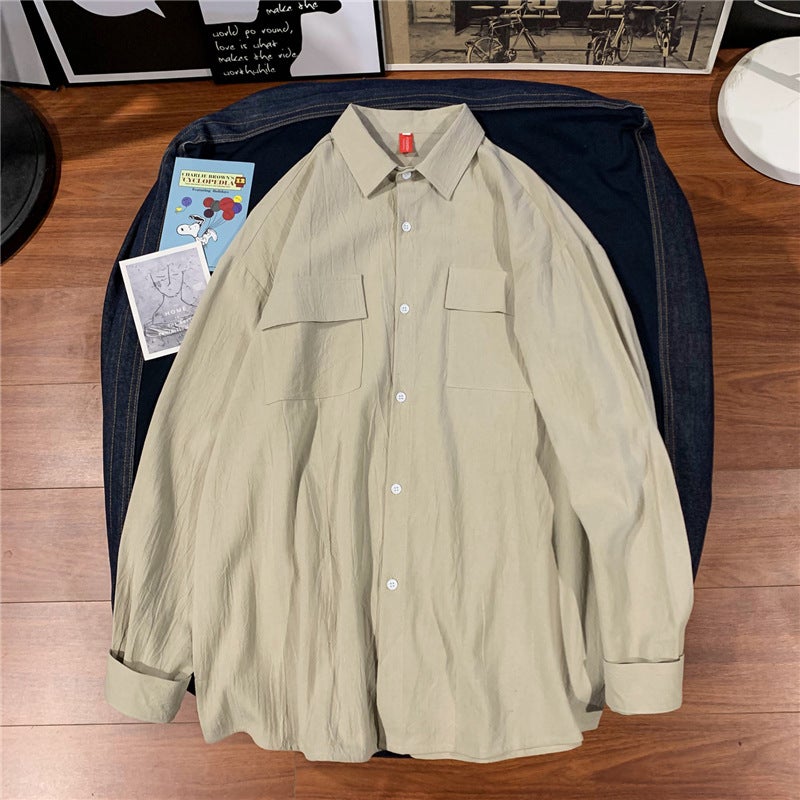Spring Hong Kong Style Solid Color Pocket Long-sleeved Shirt Men's Trendy Brand Workwear Casual All-match Lapel Shirt for Men and Women Couple - Image 5