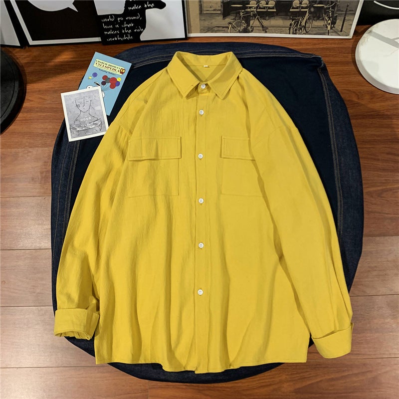 Spring Hong Kong Style Solid Color Pocket Long-sleeved Shirt Men's Trendy Brand Workwear Casual All-match Lapel Shirt for Men and Women Couple - Image 3