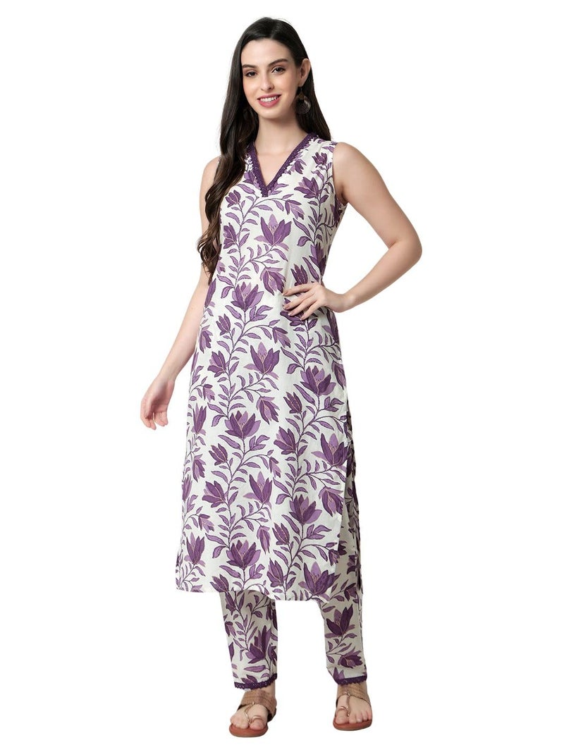 rytras Women's Cotton Printed Straight Kurta and Pant Set (X-Small, Purple) - Image 1