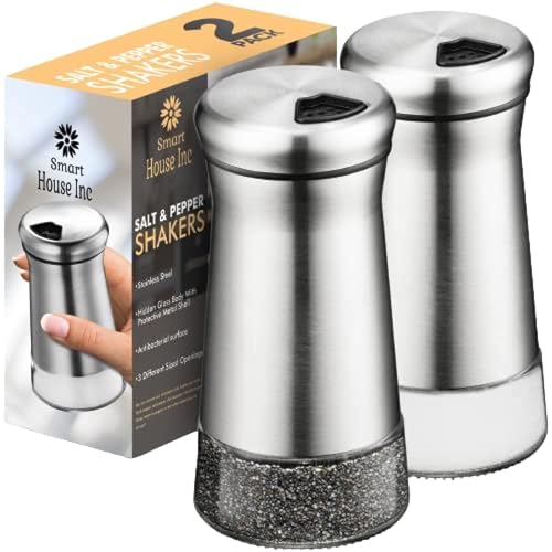 SP HOME GOODS The Original Salt and Pepper Shakers set - Silver- Spice Dispenser with Adjustable Pour Holes - Stainless Steel & Glass Set of 2 Bottles - Image 1