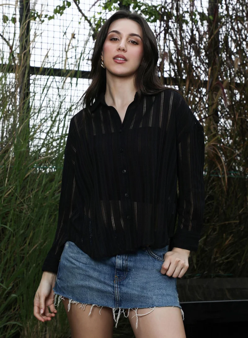 PINACOLADA Women's Loose-Woven Panel Oversized Shirt | Spread Collar , Long Button-Cuff Sleeves, Button Closure | Solid Loose-Weave Woven Shirt For Casual & Daily Wear | Onyx Black