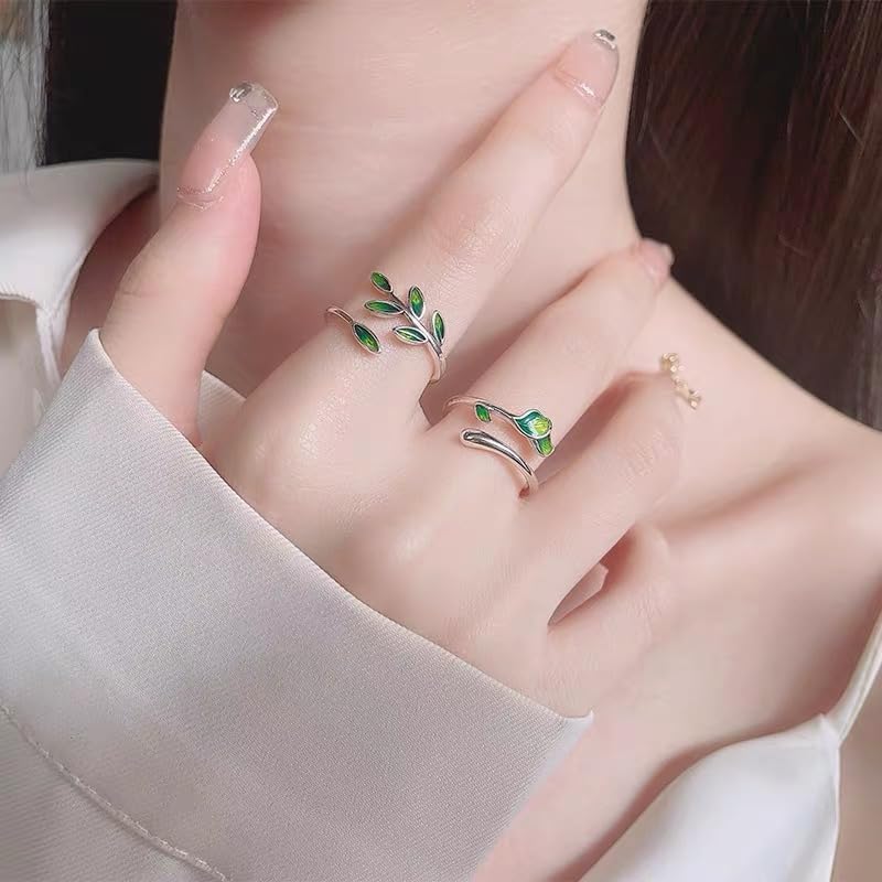 Cykdohy Green Enamel Olive Leaf Wrap Open Finger Ring for Women Adjustable Band Statement Plant Branch Leaves Delicate Thumb Knuckle Stacking Rings Comfort Fit Birthday Party Fashion Jewelry for Her Mom Wife - Image 4