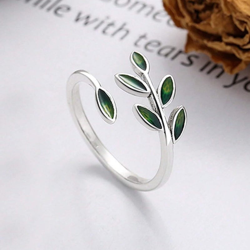 Cykdohy Green Enamel Olive Leaf Wrap Open Finger Ring for Women Adjustable Band Statement Plant Branch Leaves Delicate Thumb Knuckle Stacking Rings Comfort Fit Birthday Party Fashion Jewelry for Her Mom Wife - Image 5