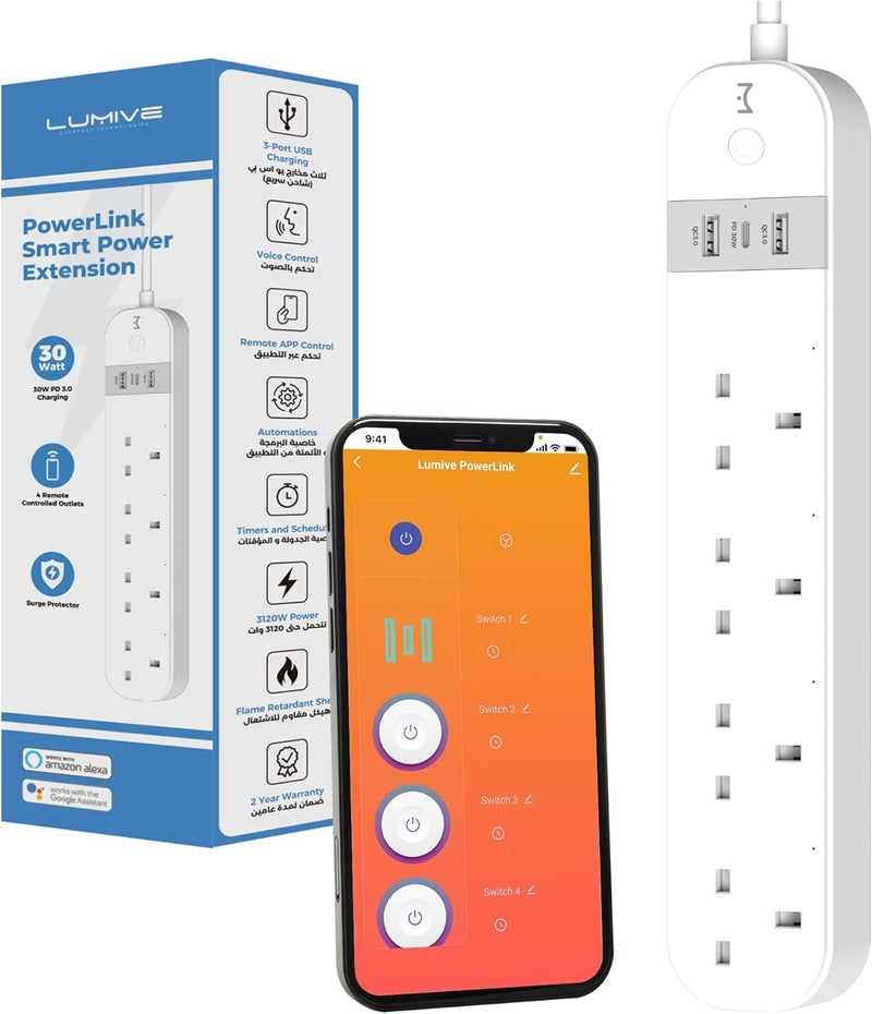 Lumive PowerLink–WiFi Smart Power Extension with Surge Protector,30W Fast Charging (2USB-A,1USB-C)&1.5m Cable–Works with Alexa&Google home,No Hub Required,Compact Design for Home,Office &Energy Saving - Image 1