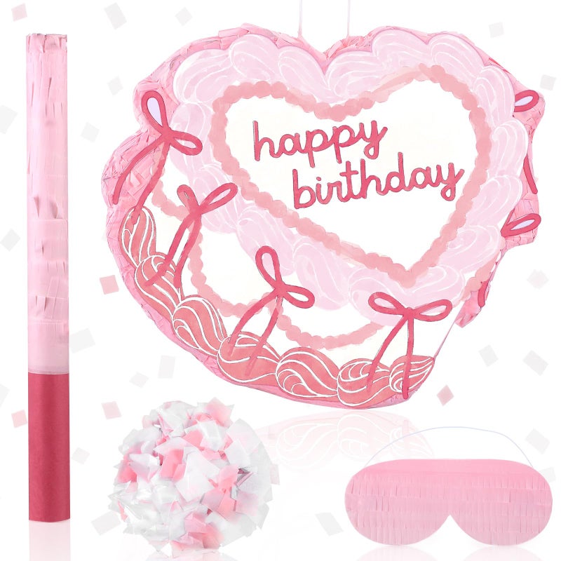 Feifeiya Coquette Pink Cake Piata Pink Girls Party Piata Bundle with a Blindfold Bat and Confetti Birthday Party Supplies Heart Shaped Piata - Image 3