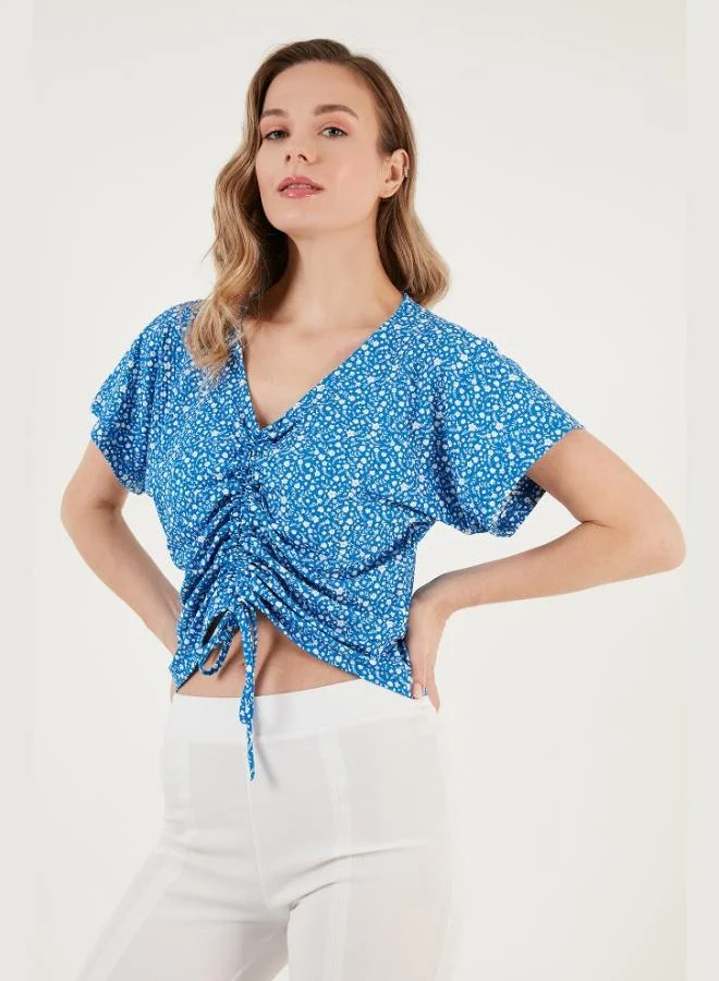 Lela  Lela Patterned Front Gathered V-Neck Crop Blouse Women's Blouse 5864486Y4 for Women | Best Price UAE