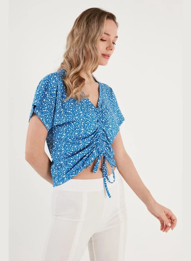 Lela Lela Patterned Front Gathered V-Neck Crop Blouse Women's Blouse 5864486Y4