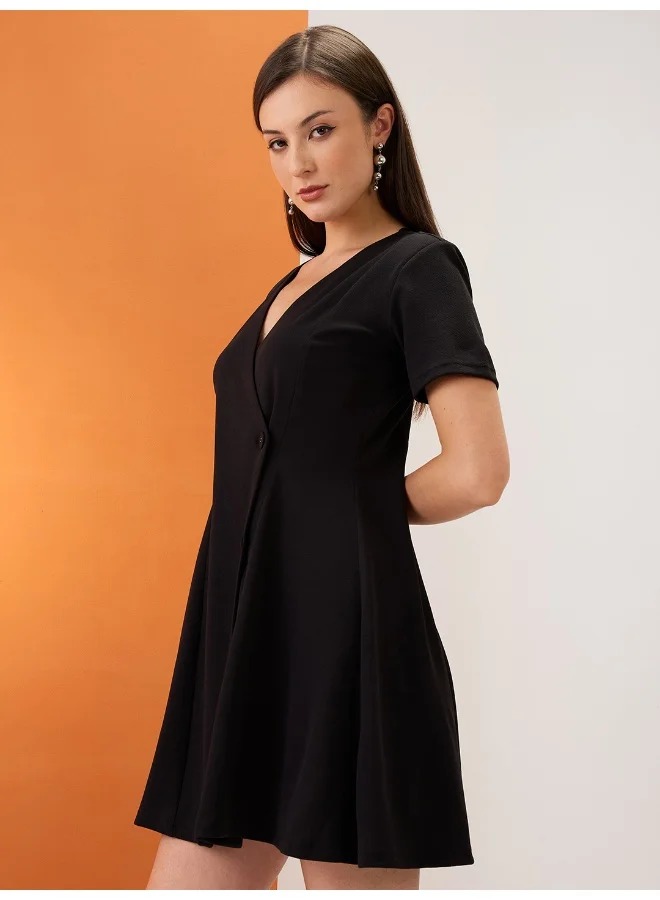 globus Globus Women Black V-Neck Hong Button Double Breasted Flared Hem Mini Workwear Wrap Blazer Dress