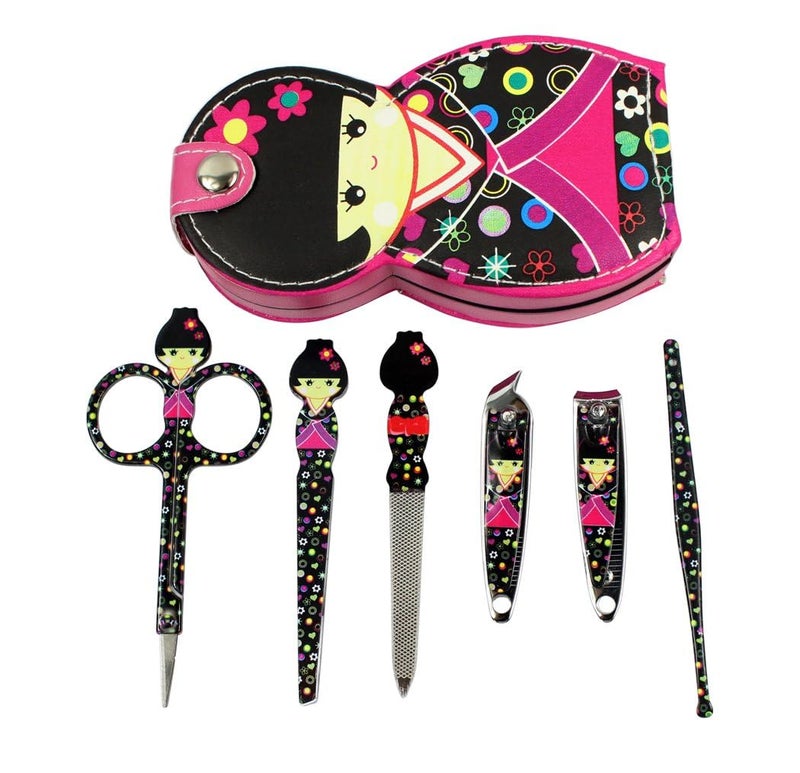 ViNishq Adorable Doll Pattern Manicure Pedicure Set For Women Men Stainless Steel Grooming Kit With Leather Pouch TravelFriendly Nail Care Set Professional SelfCare Tool Case Set Of 6 - Image 2