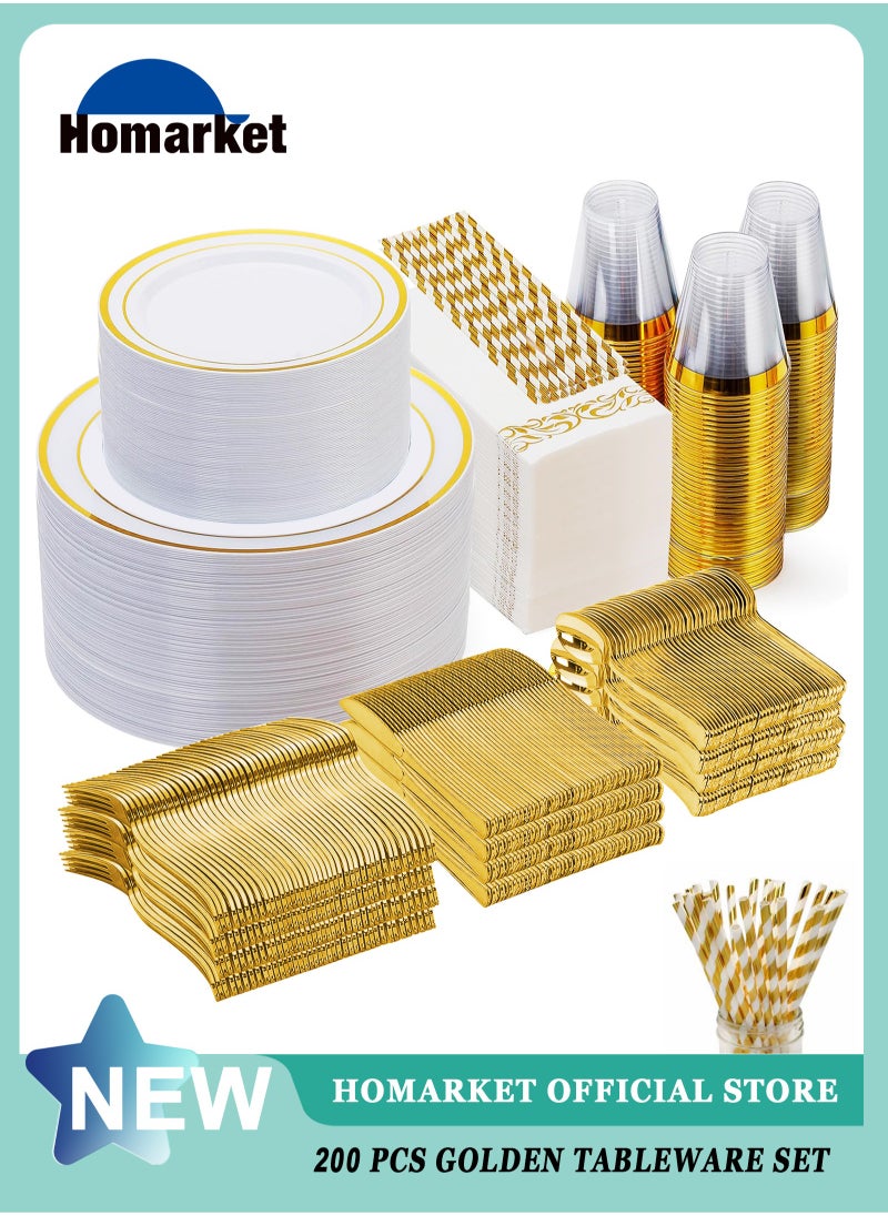 HomarKet 200PCS Gold Dinnerware Set for 25 Guests, Plastic Plates for Party, 25 Gold Disposable Plates, 25 Dessert Plates, 25 Knives , 25 Spoons, 25 Forks,25 Cups,25 Straws and 25 Napkins  - Image 1